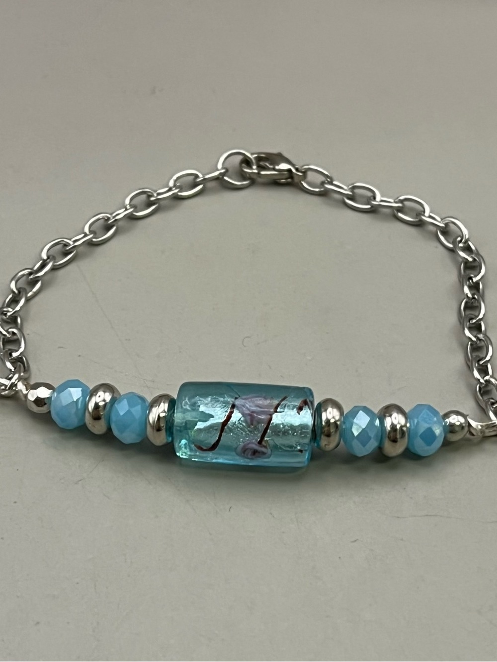 Coastal Chic Artisan Fused Glass Bracelet | Silver Tone Chain | Aqua Blue